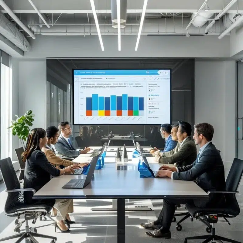 a sleek, modern office space in plano showcases a large digital screen displaying colorful financial reports and growth metrics, with a diverse team engaged in a lively strategy session around a polished conference table.