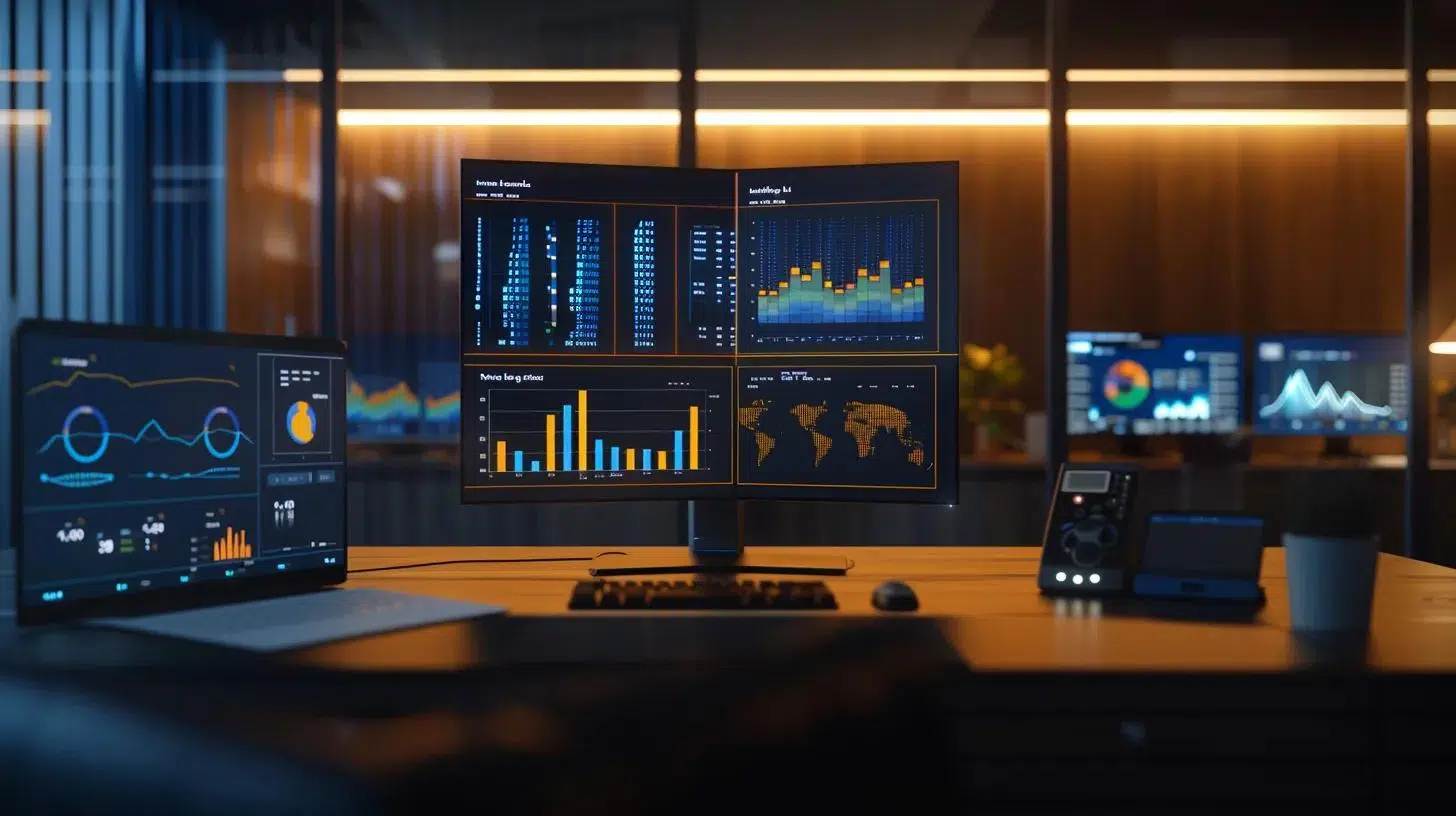 a sleek, modern office workspace features a high-tech dashboard displaying dynamic kpis, illuminated by soft ambient lighting, emphasizing key metrics like customer acquisition cost and conversion rates in a visually striking and organized manner. | Cohesion a sleek, modern office workspace features a high-tech dashboard displaying dynamic kpis, illuminated by soft ambient lighting, emphasizing key metrics like customer acquisition cost and conversion rates in a visually striking and organized manner.