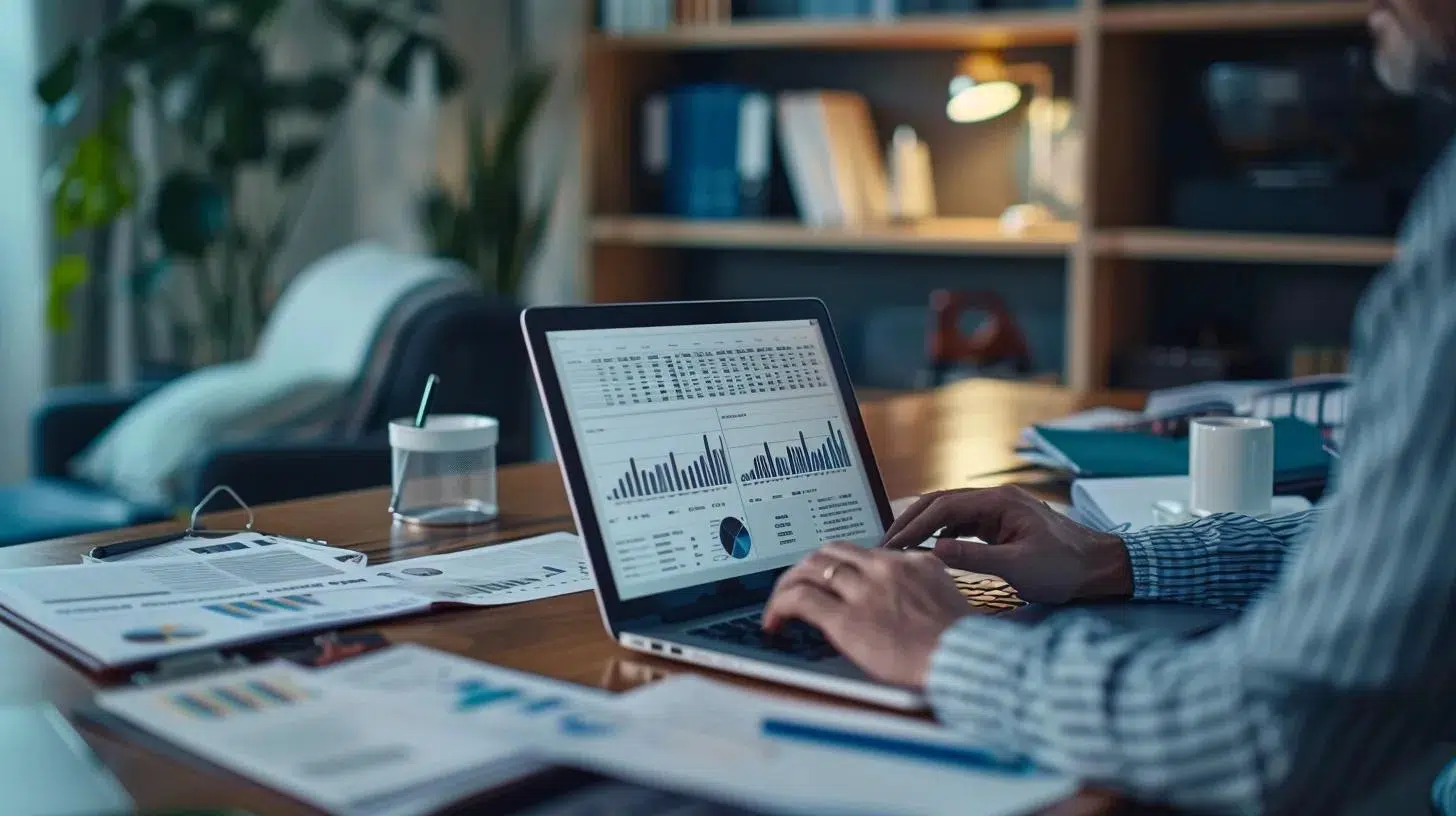a sleek office environment showcases a focused entrepreneur analyzing financial data on a modern laptop, surrounded by organized documents and high-tech tools that symbolize effective accounting and bookkeeping strategies for rapid startup growth.