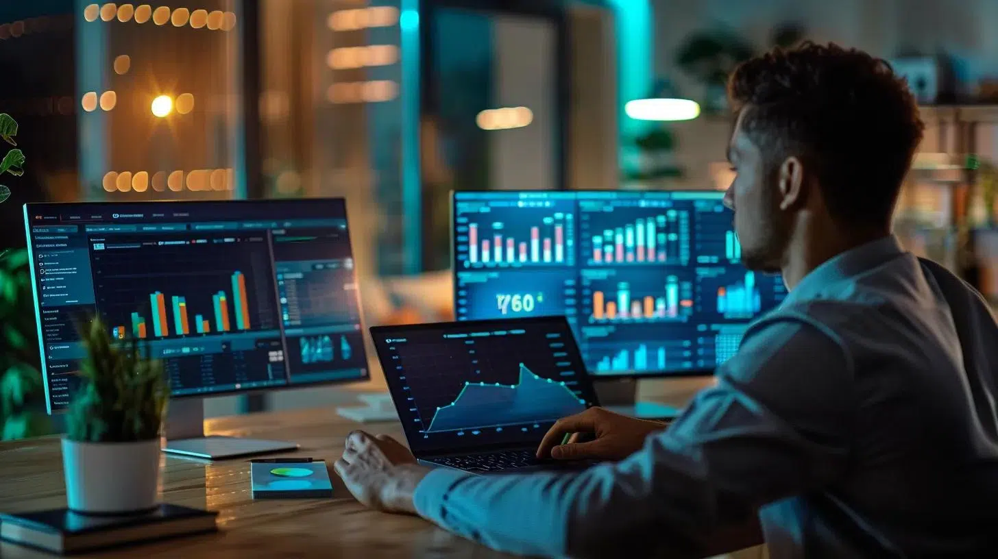 a sophisticated office environment showcases a focused fractional cfo analyzing complex financial models on a sleek laptop, surrounded by contemporary charts and projectors displaying dynamic revenue forecasts and strategic plans.