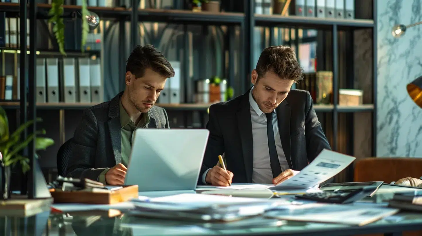 a sophisticated office environment features a qualified accountant at a sleek desk, surrounded by financial documents and a laptop, portraying professionalism and expertise, while a bookkeeper sits nearby with organized paperwork and a calculator, emphasizing their roles in the financial ecosystem. | Cohesion a sophisticated office environment features a qualified accountant at a sleek desk, surrounded by financial documents and a laptop, portraying professionalism and expertise, while a bookkeeper sits nearby with organized paperwork and a calculator, emphasizing their roles in the financial ecosystem.