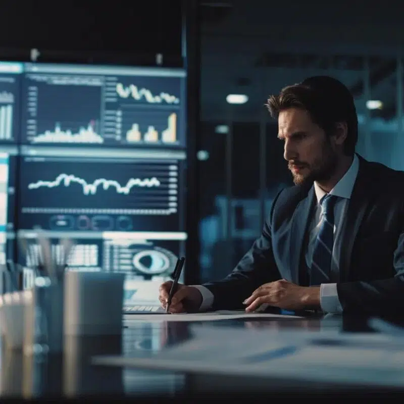 a focused office scene features a confident fractional cfo reviewing financial documents on a sleek modern desk, surrounded by digital displays showcasing compliance metrics, emphasizing clarity and control in navigating complex financial regulations.
