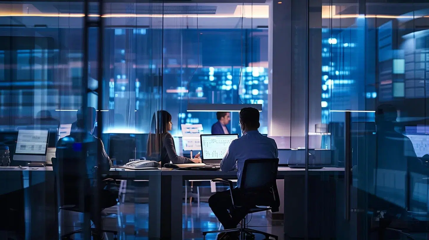 a sleek, modern office setting features a confident fractional cfo engaged in a strategic discussion with a small team, surrounded by financial reports and regulatory documents, illuminated by focused overhead lighting that highlights their collaborative effort in navigating complex financial regulations. | Cohesion a sleek, modern office setting features a confident fractional cfo engaged in a strategic discussion with a small team, surrounded by financial reports and regulatory documents, illuminated by focused overhead lighting that highlights their collaborative effort in navigating complex financial regulations.