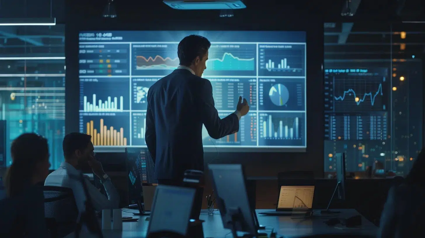 a sleek modern office setting illuminated by soft ambient light showcases a confident fractional cfo presenting a dynamic financial dashboard on a large screen, surrounded by a diverse team engaged in focused discussions, symbolizing collaboration and compliance success through financial transformation. | Cohesion a sleek modern office setting illuminated by soft ambient light showcases a confident fractional cfo presenting a dynamic financial dashboard on a large screen, surrounded by a diverse team engaged in focused discussions, symbolizing collaboration and compliance success through financial transformation.