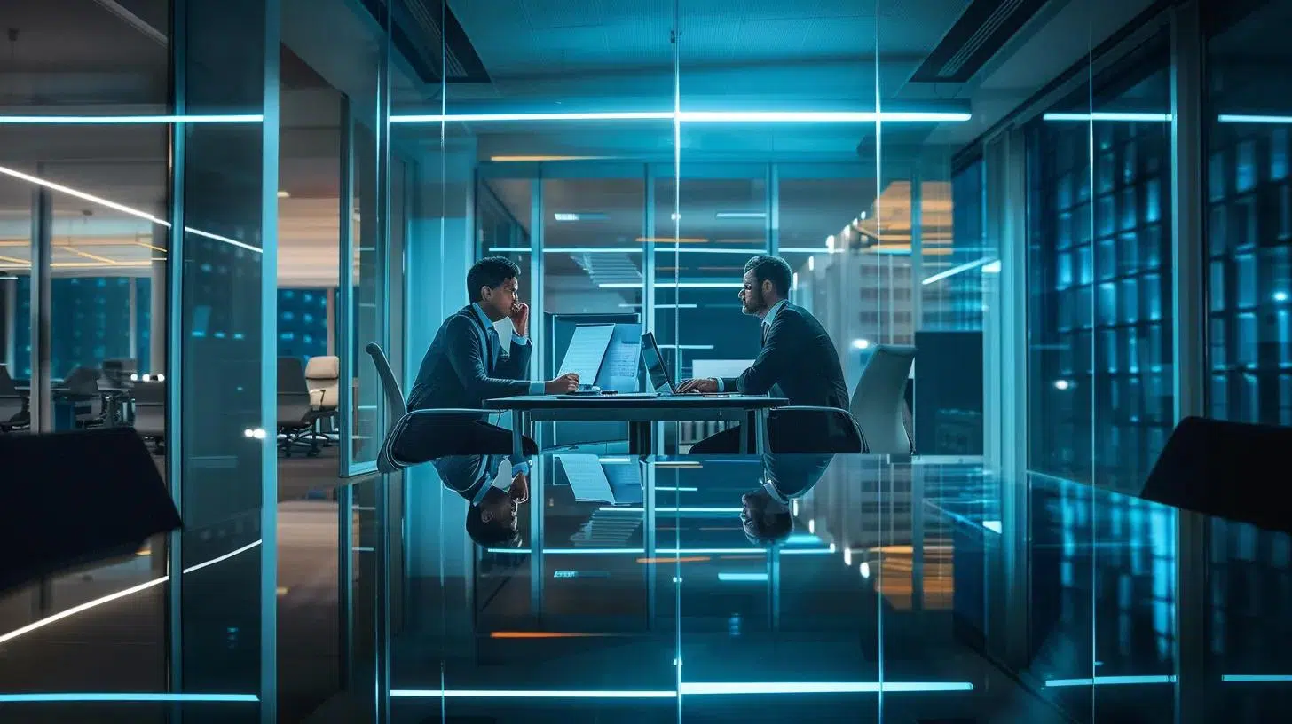 a sleek, modern office environment showcases a confident business professional discussing financial strategies with a fractional cfo over a polished conference table, illuminated by bright, focused lighting that highlights the importance of strategic growth and cash flow management. | Cohesion a sleek, modern office environment showcases a confident business professional discussing financial strategies with a fractional cfo over a polished conference table, illuminated by bright, focused lighting that highlights the importance of strategic growth and cash flow management.