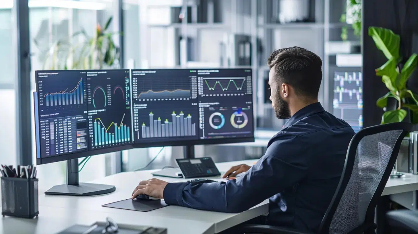 a focused and modern office setting showcases a fractional cfo analyzing diverse financial graphs and charts on multiple screens, emphasizing tailored cash flow strategies for various industries. | Cohesion a focused and modern office setting showcases a fractional cfo analyzing diverse financial graphs and charts on multiple screens, emphasizing tailored cash flow strategies for various industries.
