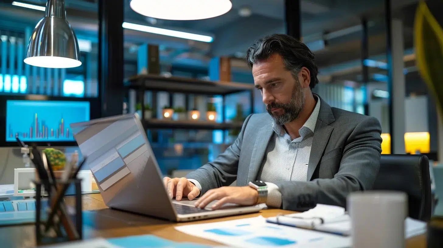 a focused and professional fractional cfo sits at a sleek modern desk in a contemporary office, analyzing financial reports on a laptop while surrounded by strategic charts and graphs that highlight cash flow improvements for small to medium-sized businesses. | Cohesion a focused and professional fractional cfo sits at a sleek modern desk in a contemporary office, analyzing financial reports on a laptop while surrounded by strategic charts and graphs that highlight cash flow improvements for small to medium-sized businesses.